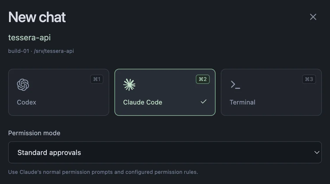 The New chat dialog: choose Codex, Claude Code or Terminal, and a permission mode.