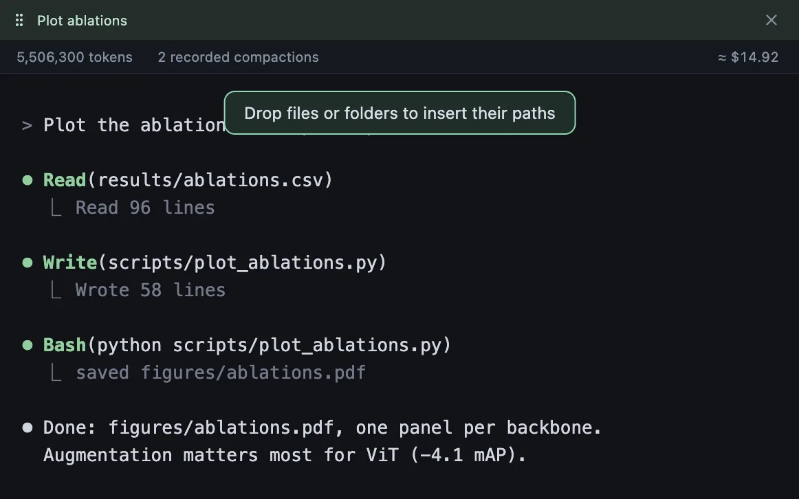 Dragging a file onto a chat: Drop files or folders to insert their paths.