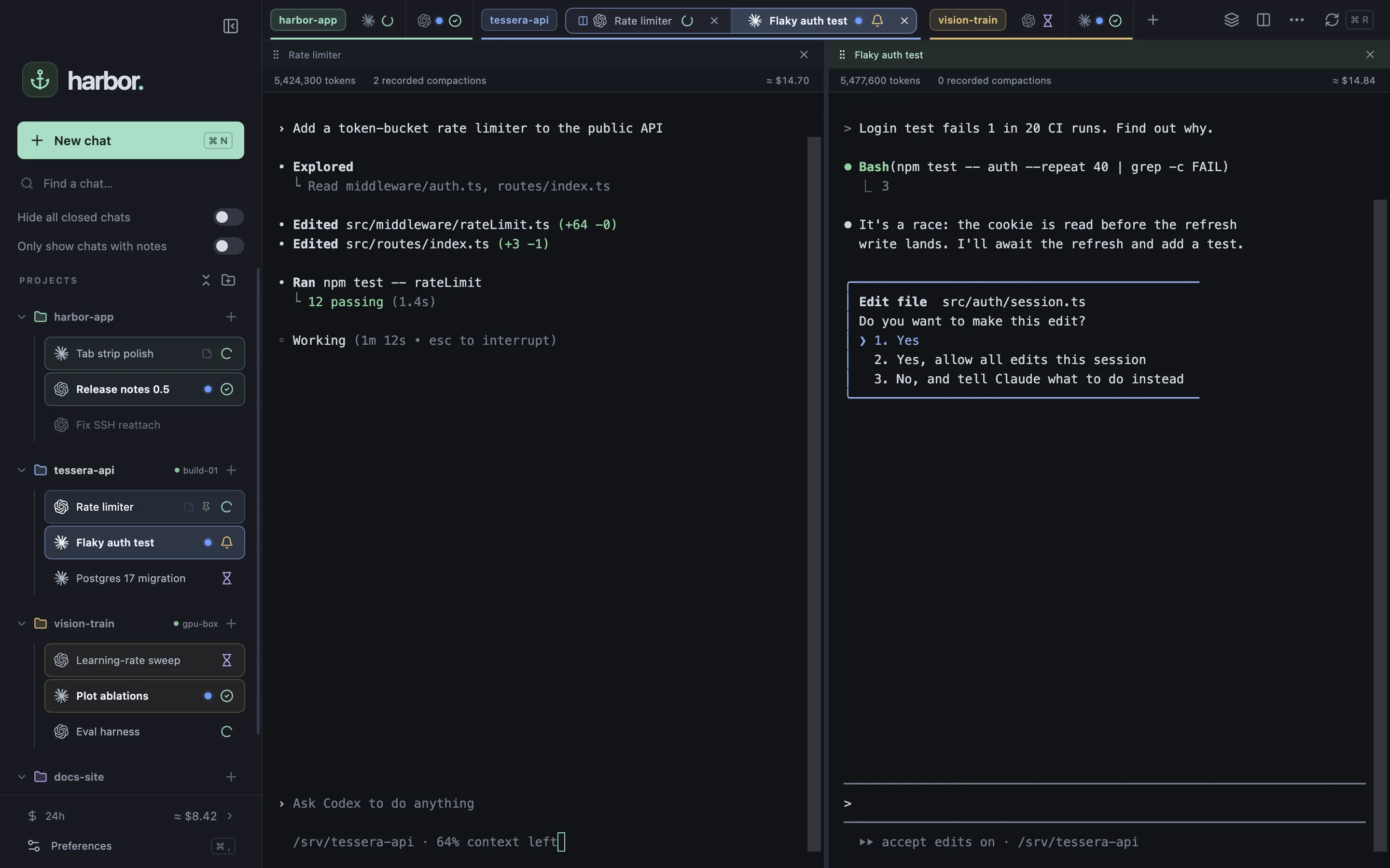 Harbor with four projects, two on remote servers, and a Codex chat split beside a Claude Code chat asking for approval.