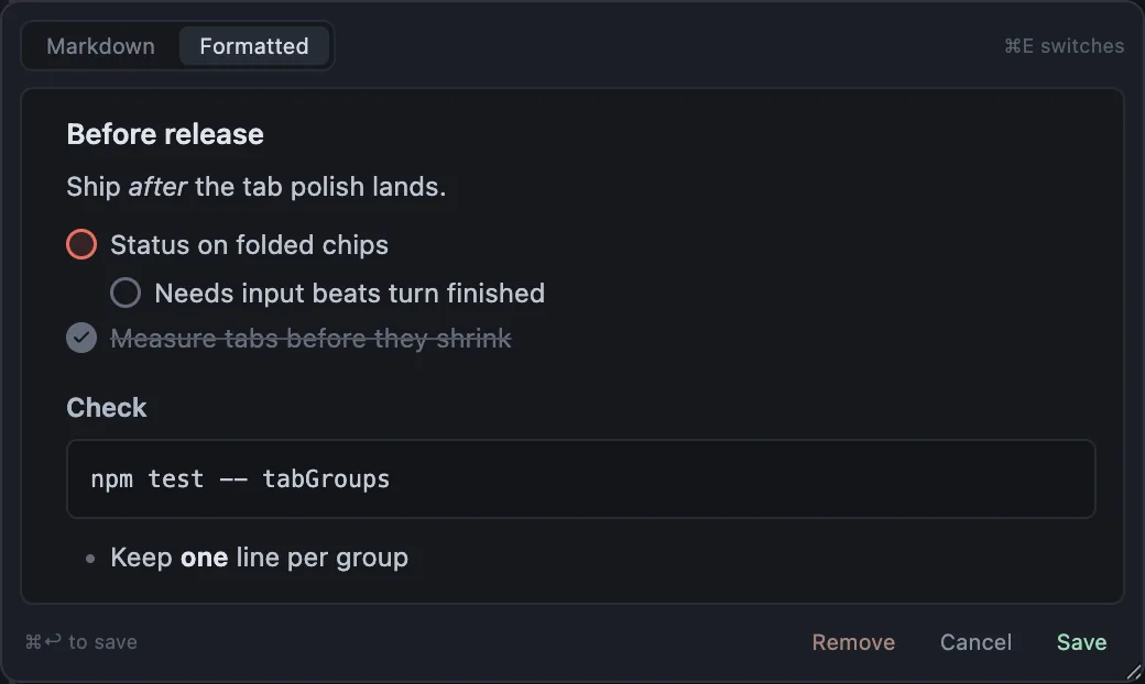 A formatted note: a heading, italic text, prioritized to-dos, a code block and a bullet.