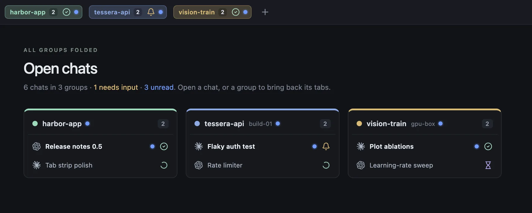 Folded tab groups and an overview of open chats: one needs input, others are working or waiting on background jobs.