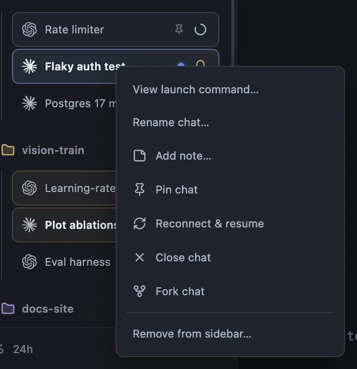 The chat menu with Rename chat, Pin chat and Fork chat, next to a pinned chat.