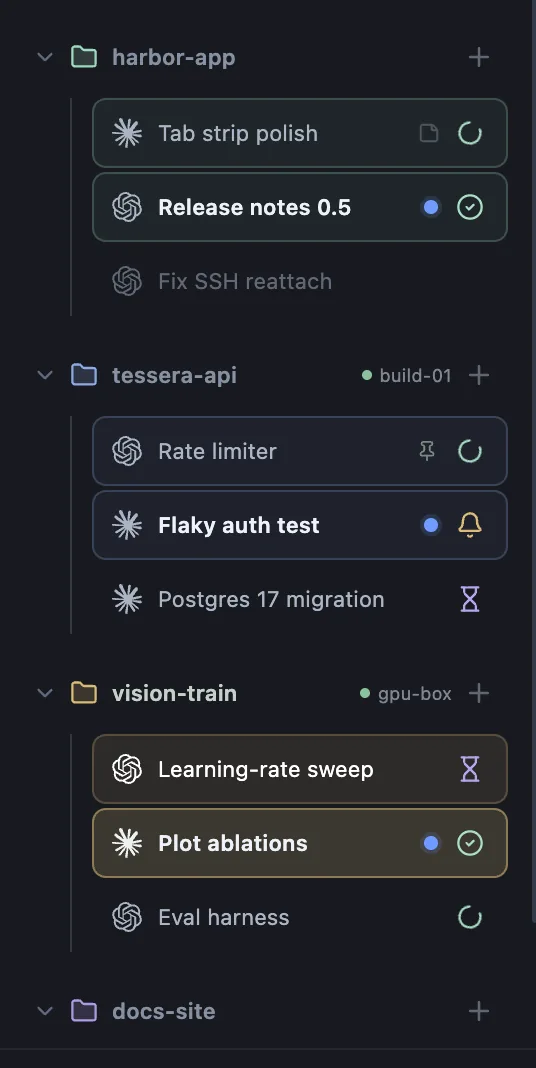 The sidebar with projects on this Mac, on build-01 and on gpu-box.